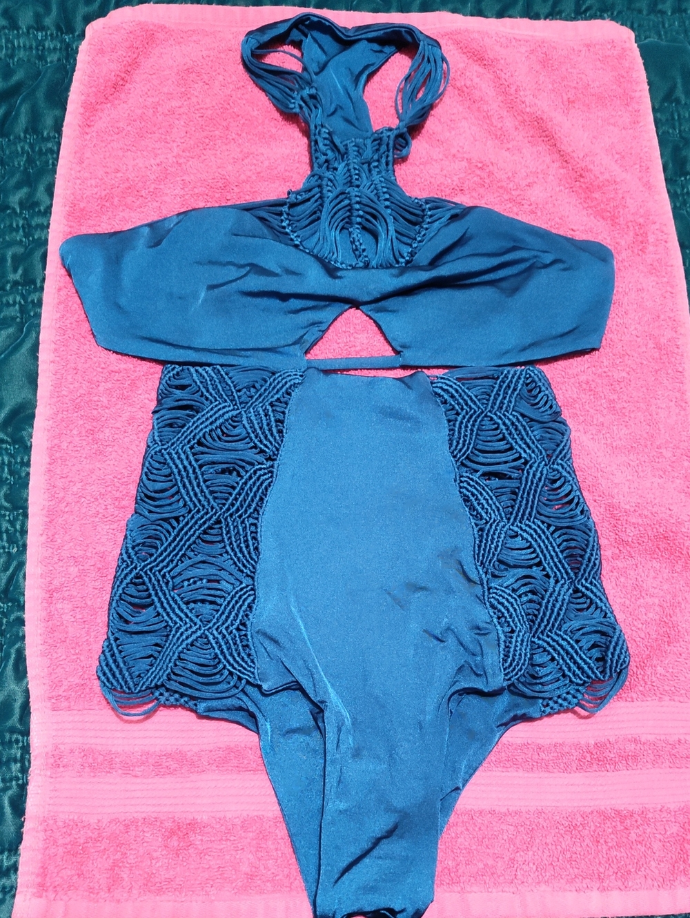 Beach Bunny Teal Blue Macramé One-Piece Swimsuit